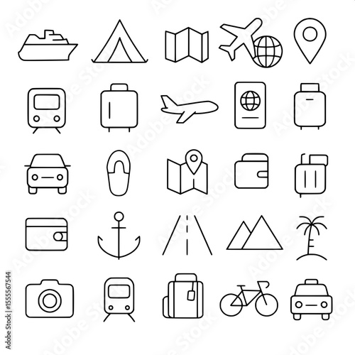 "Minimal vector icon set of transportation and travel items, including cruise ship, tent, map, airplane with globe, and location pin"