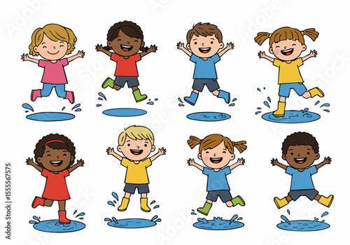 Cheerful group of diverse cartoon children happily jumping in puddles wearing colorful clothes and rain boots