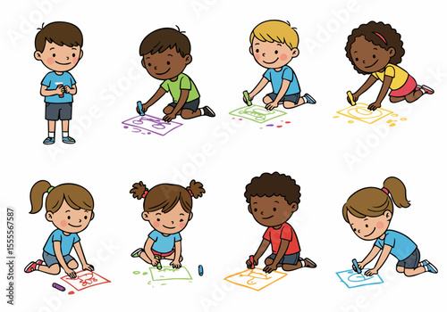 Diverse group of happy children drawing and creating art illustrations