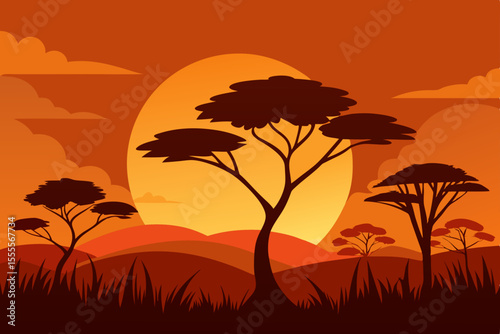 African Savanna Sunset Silhouette Landscape Illustration