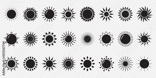 Sun icon set. Vector flat design. Collection of sun stars for use in as logo or weather icon. Yellow suns circles, bright natural lighting objects.