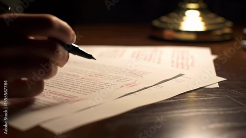 Hand edits document with red pen at a desk, lamp shines in back