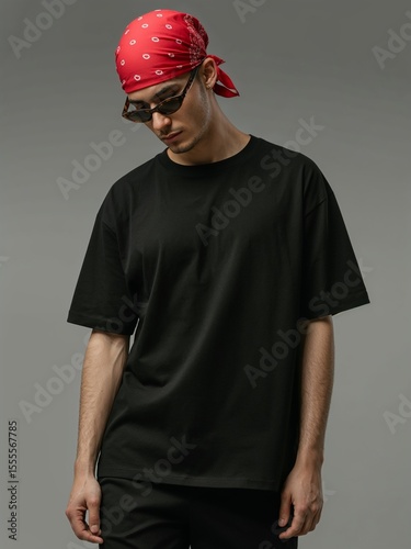 black t-shirt and red bandana mockup