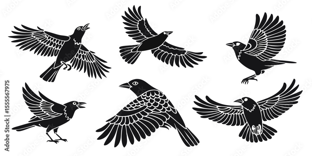 Obraz premium Eagle bird vector set silhouette flying animal wing illustration hawk nature black feather tattoo falcon dove symbol wildlife freedom flight wild beak design