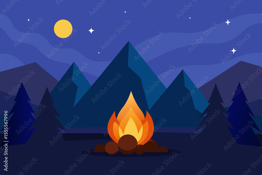 Obraz premium A serene night sky with a vibrant moon illuminates a tranquil mountain landscape adorned with silhouetted trees and twinkling stars, capturing the essence of camping in nature