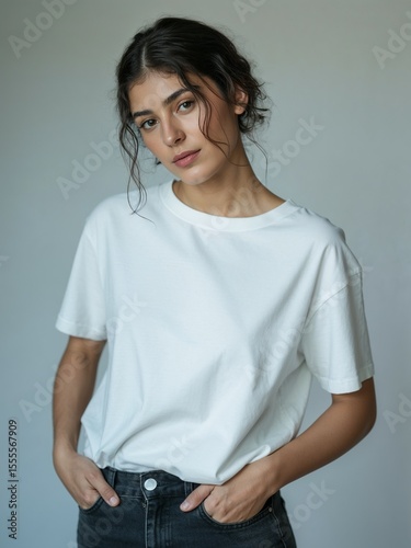 Man in white t-shirt and jeans with hands in pocket mockup