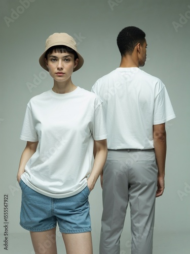 Two men in white t-shirts front and back views mockup