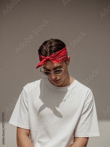 white t-shirt with red bandana on head mockup  mockup