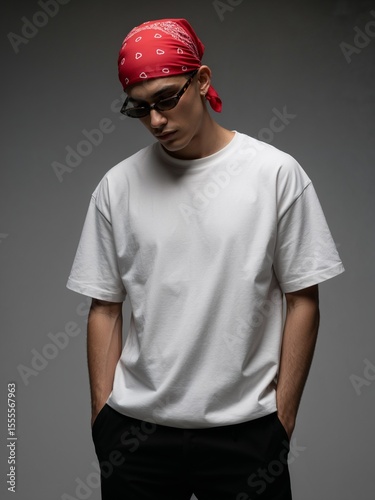 white t-shirt with red bandana on head mockup