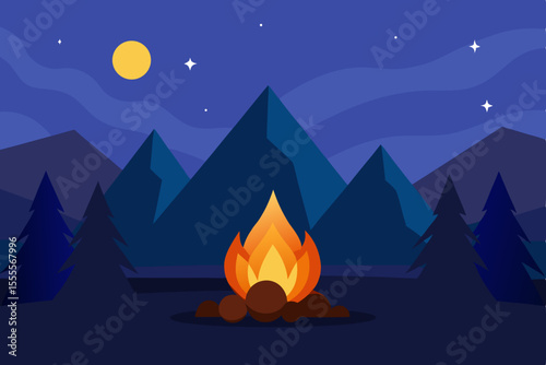 A serene night sky with a vibrant moon illuminates a tranquil mountain landscape adorned with silhouetted trees and twinkling stars, capturing the essence of camping in nature