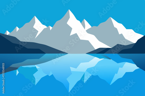 Majestic mountain landscape with a serene lake, framed by snow-capped peaks and a vast, blue sky