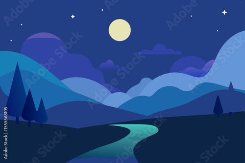 Moonlit night landscape over the sea with stars and dark silhouettes