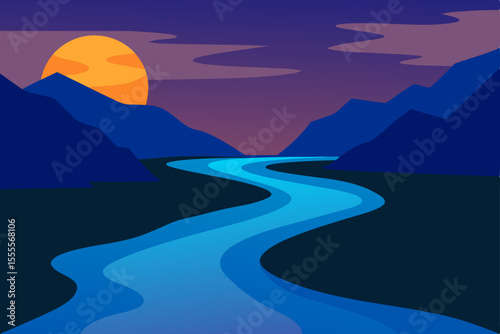 Mountainous landscape at dawn, with sky, clouds, and water reflecting the morning light
