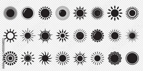 Sun vector illustration set in yellow color. Sun icon set. Yellow sun icons. Sunset icon collection. Yellow sun star icons. Solar energy. Vector illustration