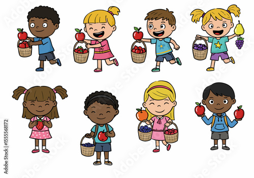 Diverse cartoon children happily holding and carrying baskets filled with various fruits like apples, strawberries, blueberries, grapes, and pears, promoting healthy eating.