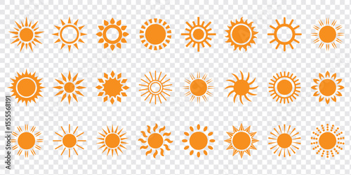 Sun vector illustration set in yellow color. Sun icon set. Yellow sun icons. Sunset icon collection. Yellow sun star icons. Solar energy. Vector illustration