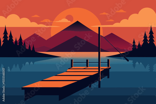 Vibrant sunset illuminates a serene lake and distant mountains, reflecting the colorful sky and surrounding nature in a breathtaking landscape