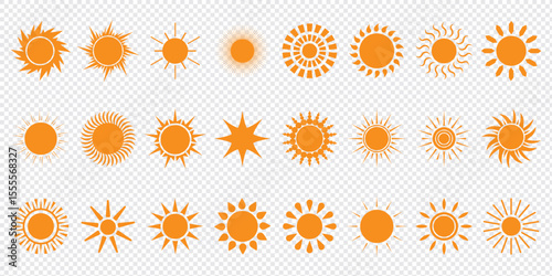 Sun vector illustration set in yellow color. Sun icon set. Yellow sun icons. Sunset icon collection. Yellow sun star icons. Solar energy. Vector illustration