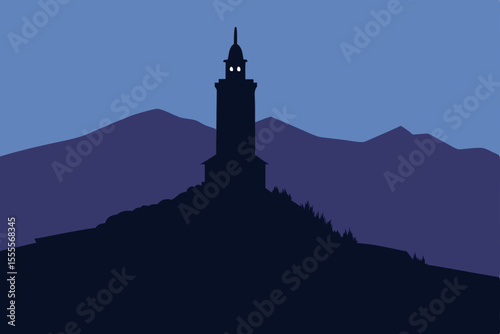 A solitary church building crowns a towering hill, its silhouette a beacon against the sunset sky, overlooking the vast blue ocean landscape