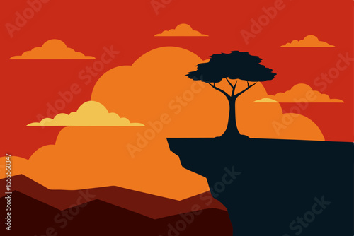 Orange and yellow sunset silhouette of a lone tree on a horizon, with a vibrant sky over a peaceful nature landscape