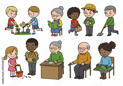 Cartoon illustration of diverse people of different ages engaged in various activities like gardening, reading, games, and community tasks.
