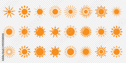 Simple sun icon set. Shine sun ray set. Sun icon set. Black sun star icons collection. Summer, sunlight, nature, sky. Vector illustration isolated on white background.