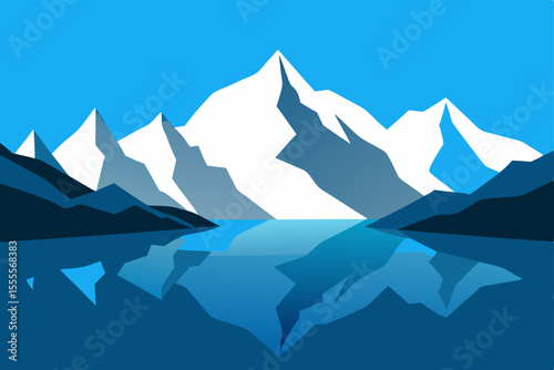 Panoramic mountain landscape with snowy peaks, blue sky, and winter nature