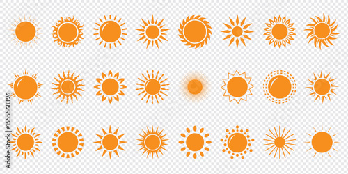 Sun icon set. Yellow sun icons. Shine sun ray set. Sunset icon collection. Yellow sun star icons. Vector illustration
