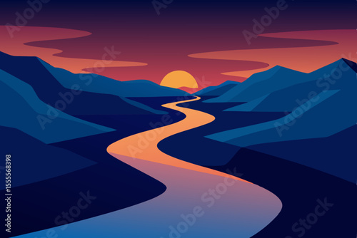 A breathtaking mountain road winds through a vibrant sunset landscape with a clear sky and distant peaks