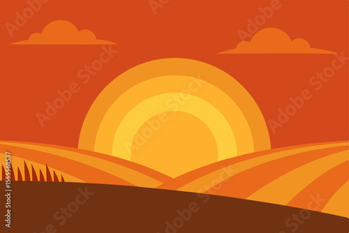 Desert mountains sunset landscape vector illustration with orange sky and sun silhouette
