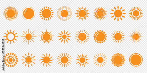 Sun icon set. Yellow sun icons. Shine sun ray set. Sunset icon collection. Yellow sun star icons. Vector illustration