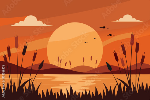 Vibrant orange sunset illuminates mountain and lake landscapes, with a silhouetted tree on the horizon