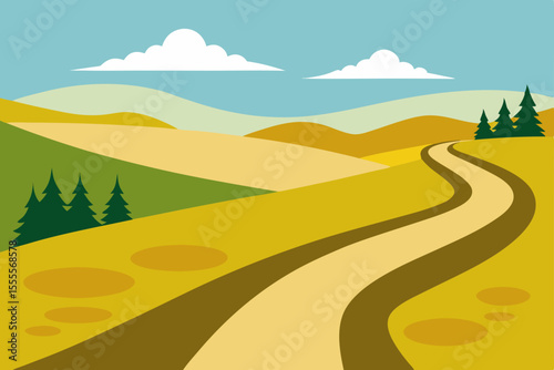 Vibrant summer nature with green grass fields, trees, and distant mountains under a blue sky and white clouds, stretching to the horizon