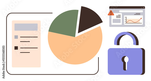 Pie chart with three segments, document outline, padlock icon for security, and web dashboard with analytics warning. Ideal for analytics, cybersecurity, data, presentations, research education