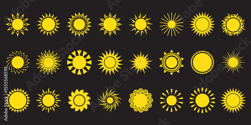 Sun icon set. Yellow sun icons. Shine sun ray set. Sunset icon collection. Yellow sun star icons. Vector illustration