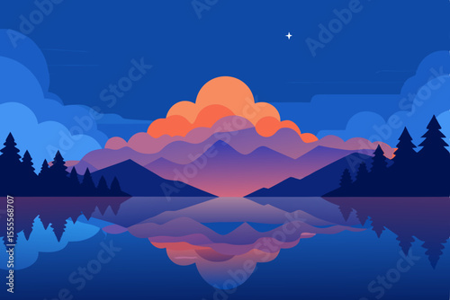 Vector landscape illustration of a sunset over a serene lake, framed by majestic mountains and a vibrant sky