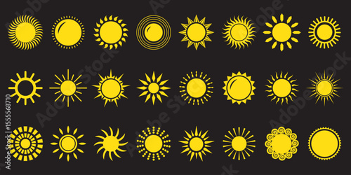 Sun icon set. Yellow sun icons. Shine sun ray set. Sunset icon collection. Yellow sun star icons. Hot solar energy for tan. Vector illustration