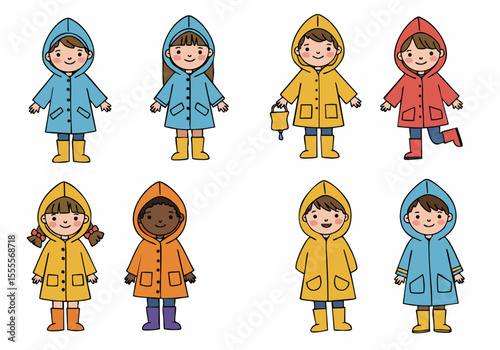 Set of Diverse Cartoon Children Wearing Colorful Raincoats and Boots, Ready for a Rainy Day Outdoors