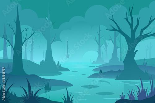 Coastal landscape illustration of green trees and tropical palms in summer fog by the sea