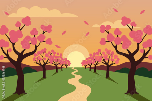 Autumn nature landscape with a tree in a park, featuring fall leaves and floral blossom decoration