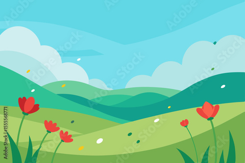 Meadow landscape with colorful spring and summer flowers, green grass, and a clear sky with clouds