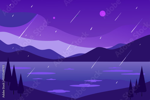 Starry night winter mountain forest landscape with blue moonlit sky