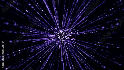 Violet trails radiate from a central point on a dark backdrop resembling a burst