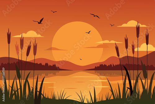 Golden sunset over the tranquil lake with silhouetted reeds and a vast, vibrant sky