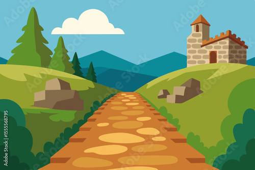 Vector illustration of a whimsical castle on a grassy hill, nestled in a vibrant mountain landscape under a summer sky with cartoon trees and clouds