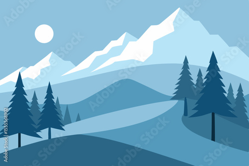 Snowy winter mountain landscape with pine trees
