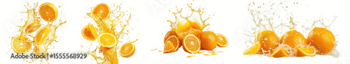 A vibrant display of splashing oranges and orange slices against a bright background, emphasizing freshness and vitality.