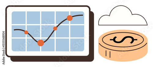 Chart with upward trend line and data points on a tablet, cloud icon, and currency coin. Ideal for business, finance, analytics, investment, economy technology and cloud computing. Simple flat
