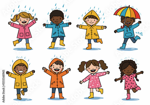 Happy diverse children in raincoats and boots playing joyfully in the rain, a colorful cartoon illustration perfect for kids' themes and weather concepts.