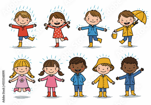 Happy diverse cartoon children playing in the rain, wearing raincoats and boots, isolated illustration on white background.